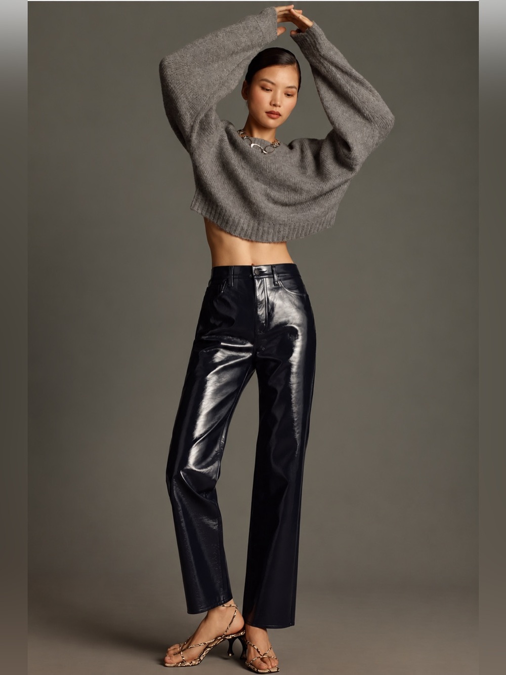 Anthropologie Pistola Cassie Vinyl High Rise Straight Leg Pants Navy 25 NWT